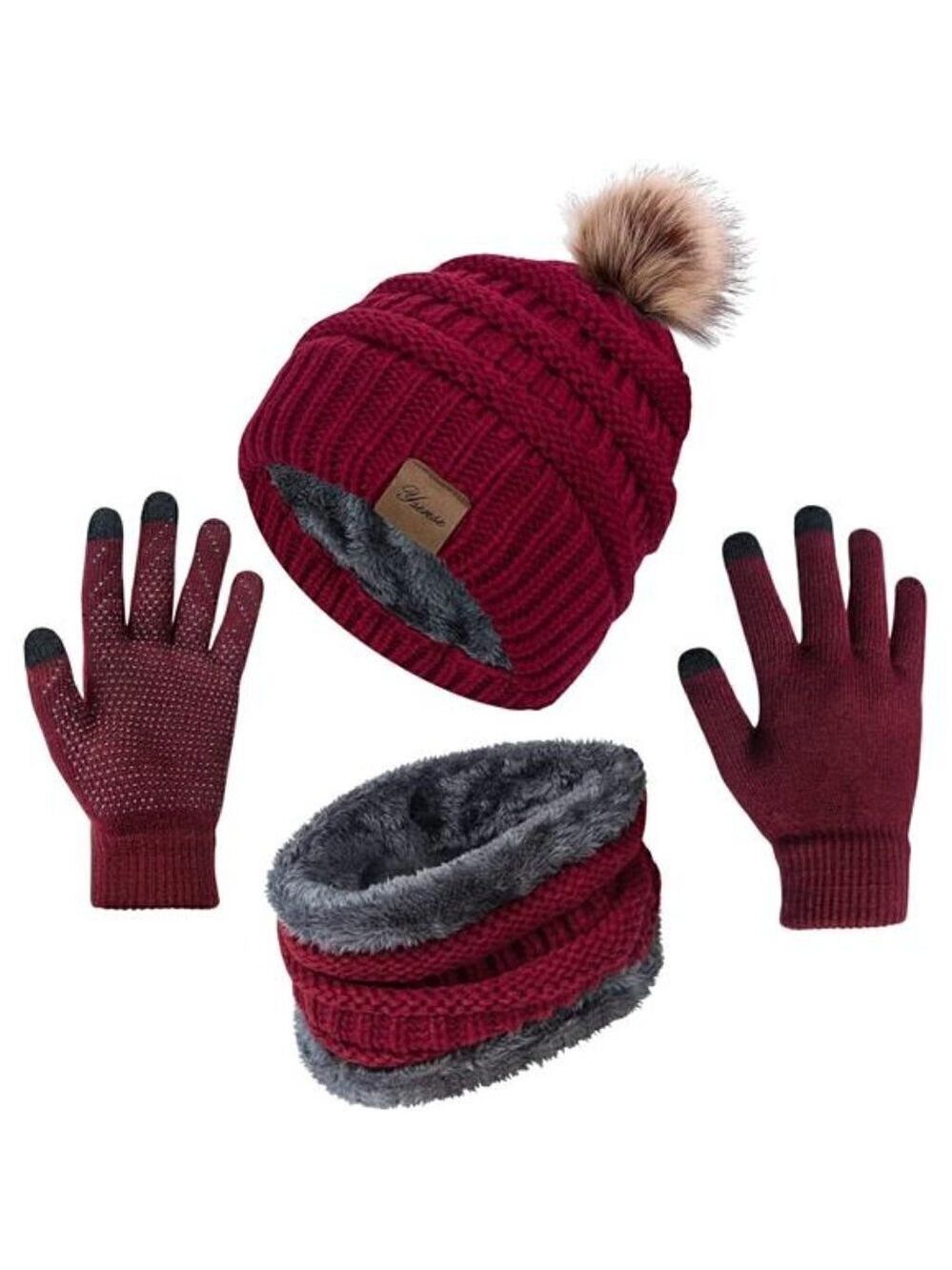 Winter Hat Scarf Touch Screen Gloves Set 3 Pcs Warm Knit Fleece Lined Beanie NEW